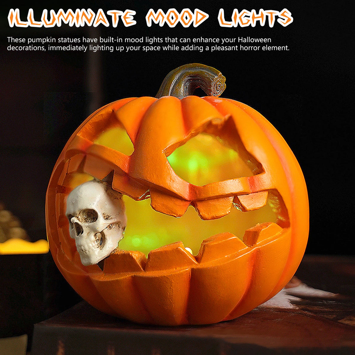 resin pumpkin lantern with carved face, built-in light, and skull detail on a table