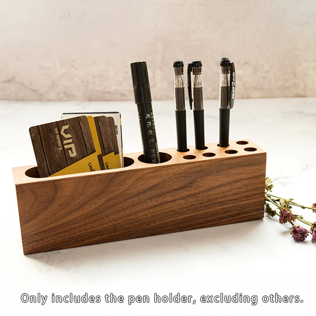 acacia wood desk pen holder and business card organizer on marble surface