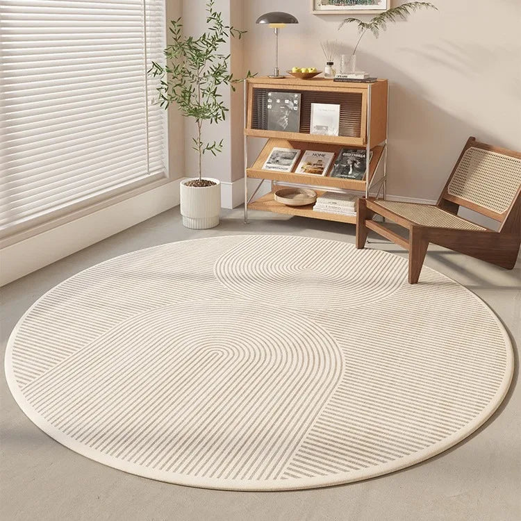Harlow Minimalist Round Cream Rug with Black Line Pattern