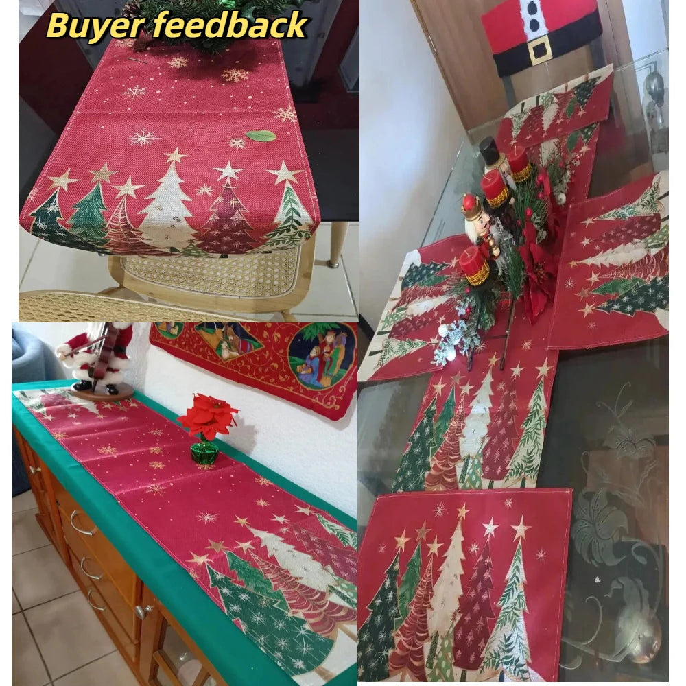 Collage of different homes using the red Christmas tree table runner on various tables and sideboards