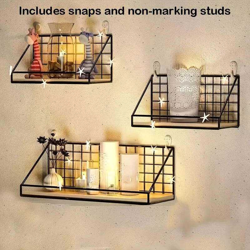 Set of three floating wood and metal shelves on wall styled with lights and decorative items