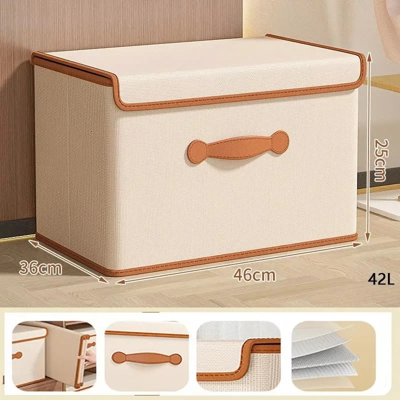 Beige Foldable Lidded Clothes Storage Box – Non-Woven Closet Organizer Bin for Wardrobe, Underwear, and Blankets