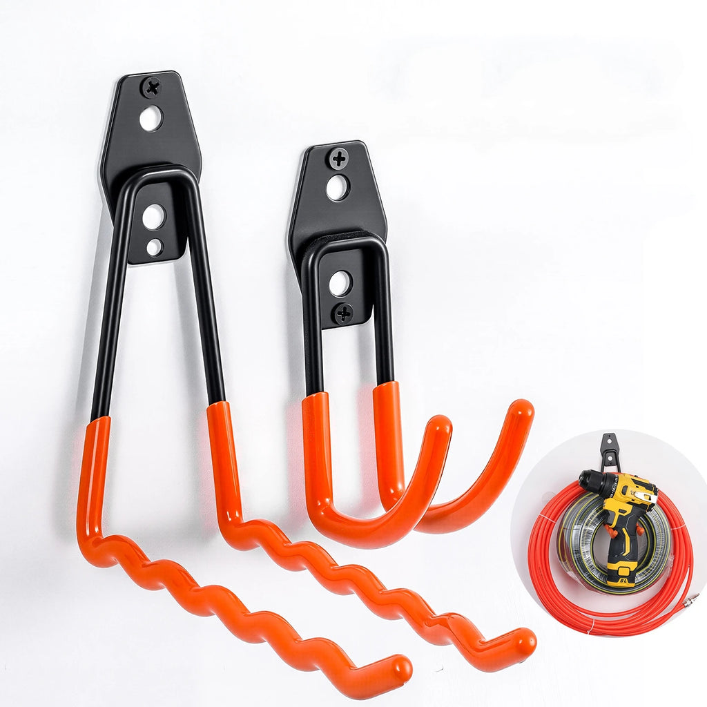 two wall-mounted metal utility hooks in different shapes and colors for garage storage