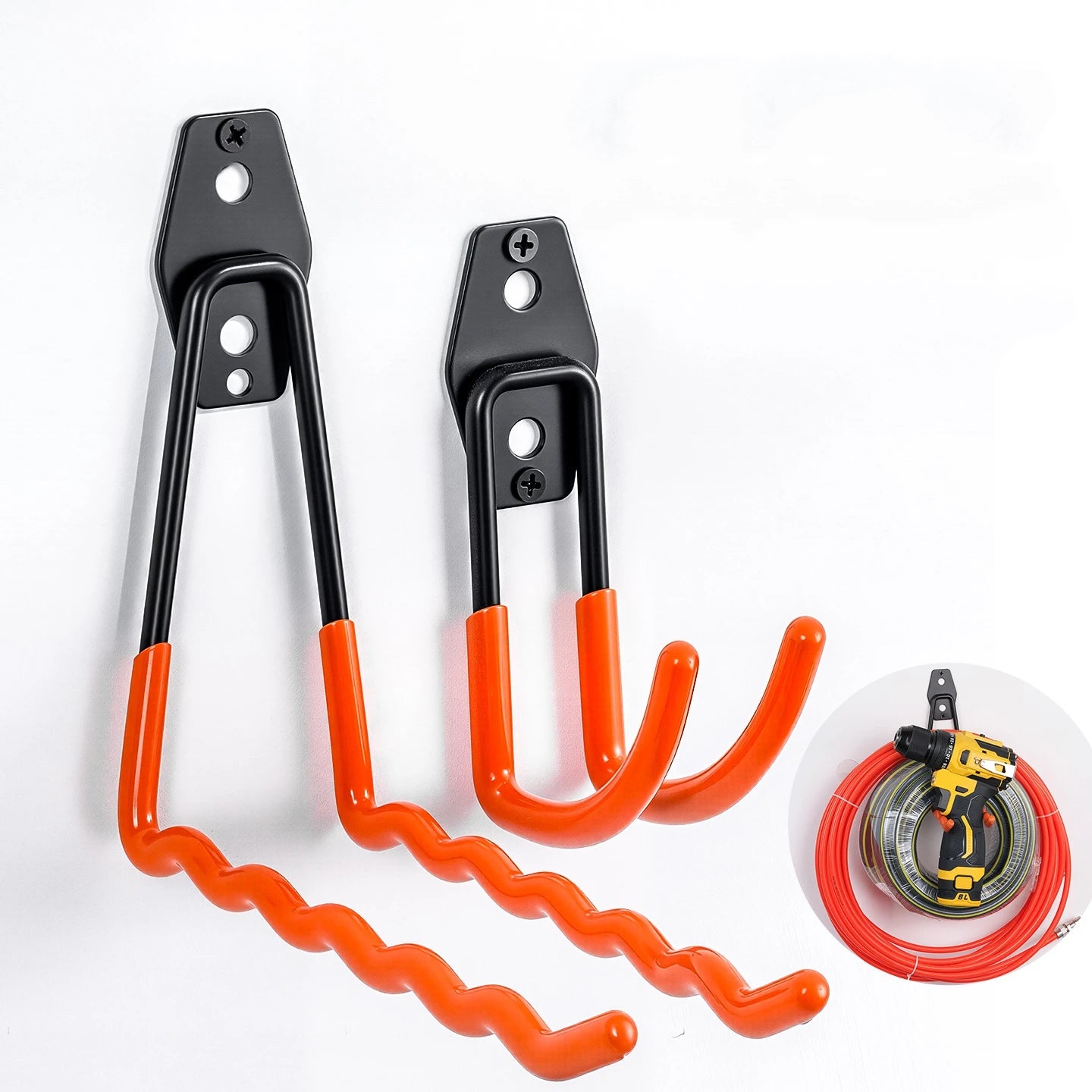 two wall-mounted metal utility hooks in different shapes and colors for garage storage