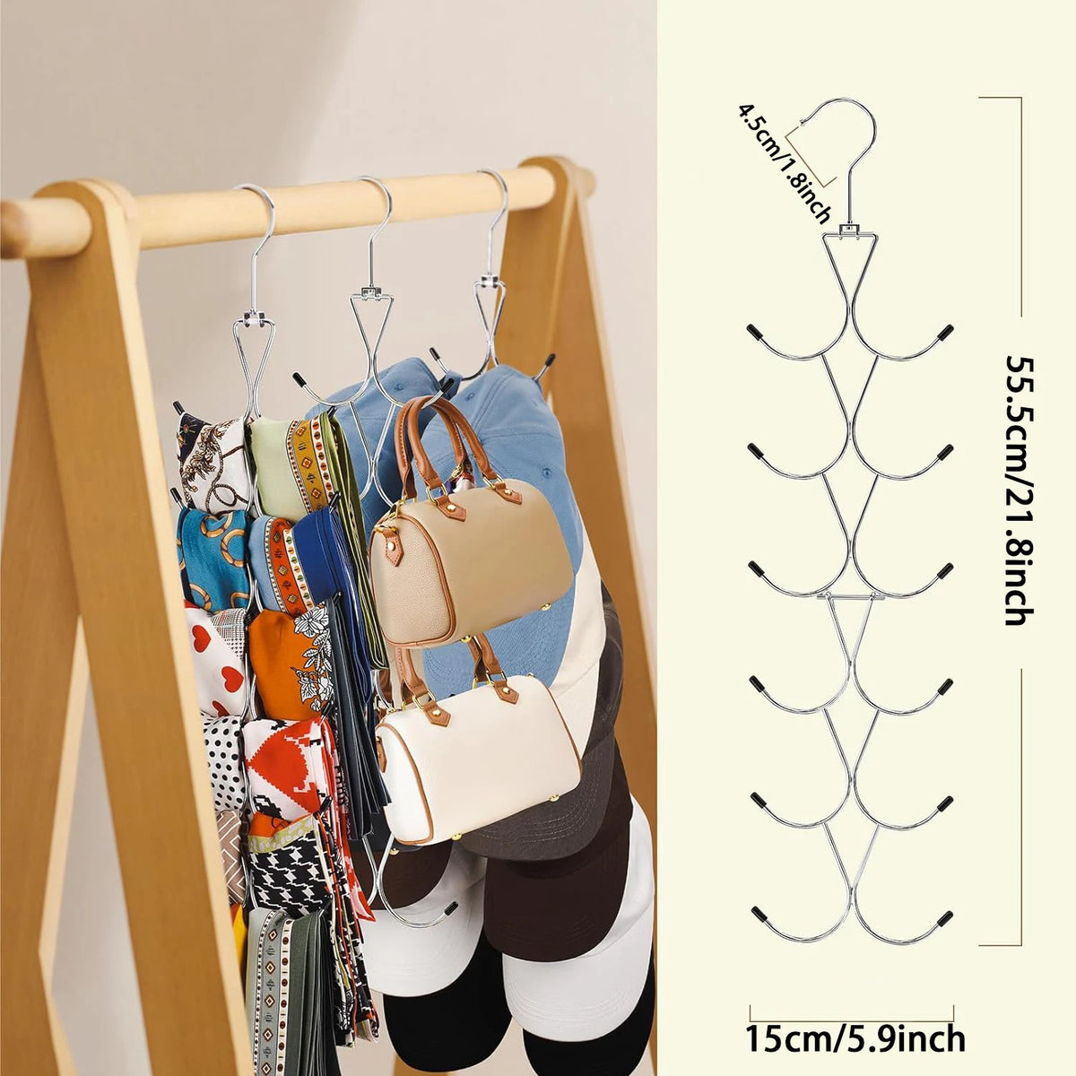 6-Tier Metal Scarf & Accessory Hanger with 360° Swivel Hook for Closet Storage — Organizes Scarves, Leggings, Belts, Bags, and Baseball
