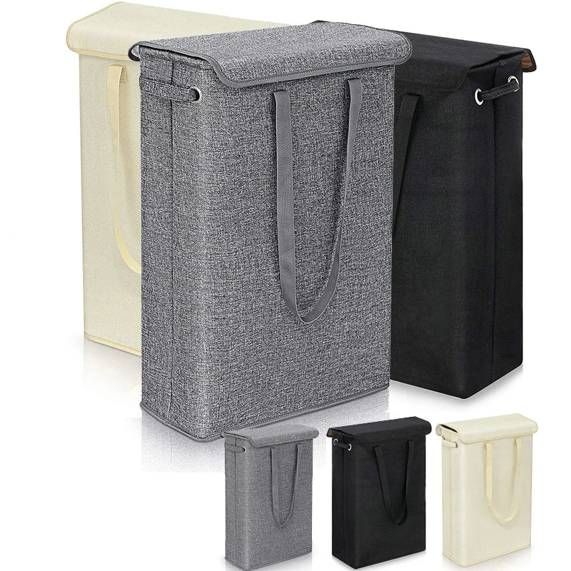 Three slim foldable laundry hampers with handles and lids in beige, grey, and black colors shown standing upright
