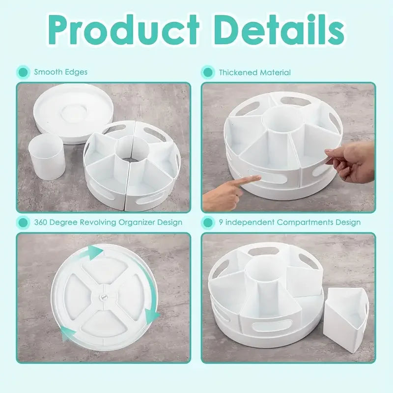 white desk organizer shown disassembled and from multiple angles highlighting compartments and base