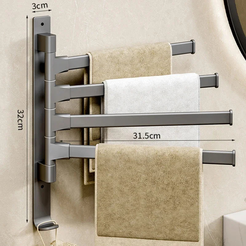 Wall-Mounted Rotating Aluminum Towel Rack for Bathroom or Kitchen – 2 to 5 Bars, Space-Saving Hanger in Black, Gray, or White