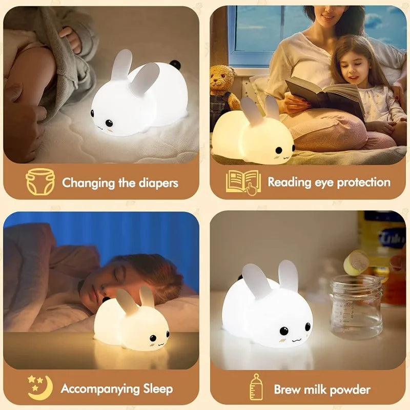 Examples of bunny night light use, including bedtime, story reading, sleep, and nighttime feeding