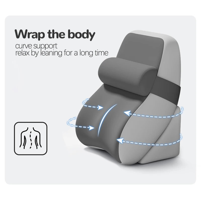 Gray wedge-shaped reading pillow with curved body support illustration