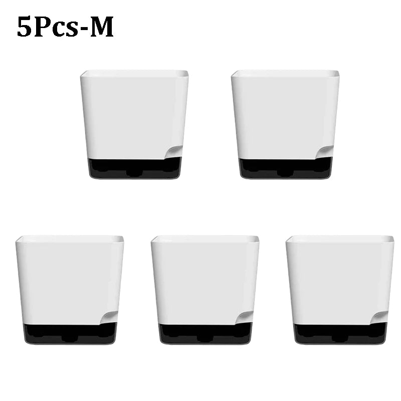 Set of 5 Square Self Watering Indoor & Outdoor Planters with Clear Reservoir – White Plastic Pots for Succulents and Small Houseplants