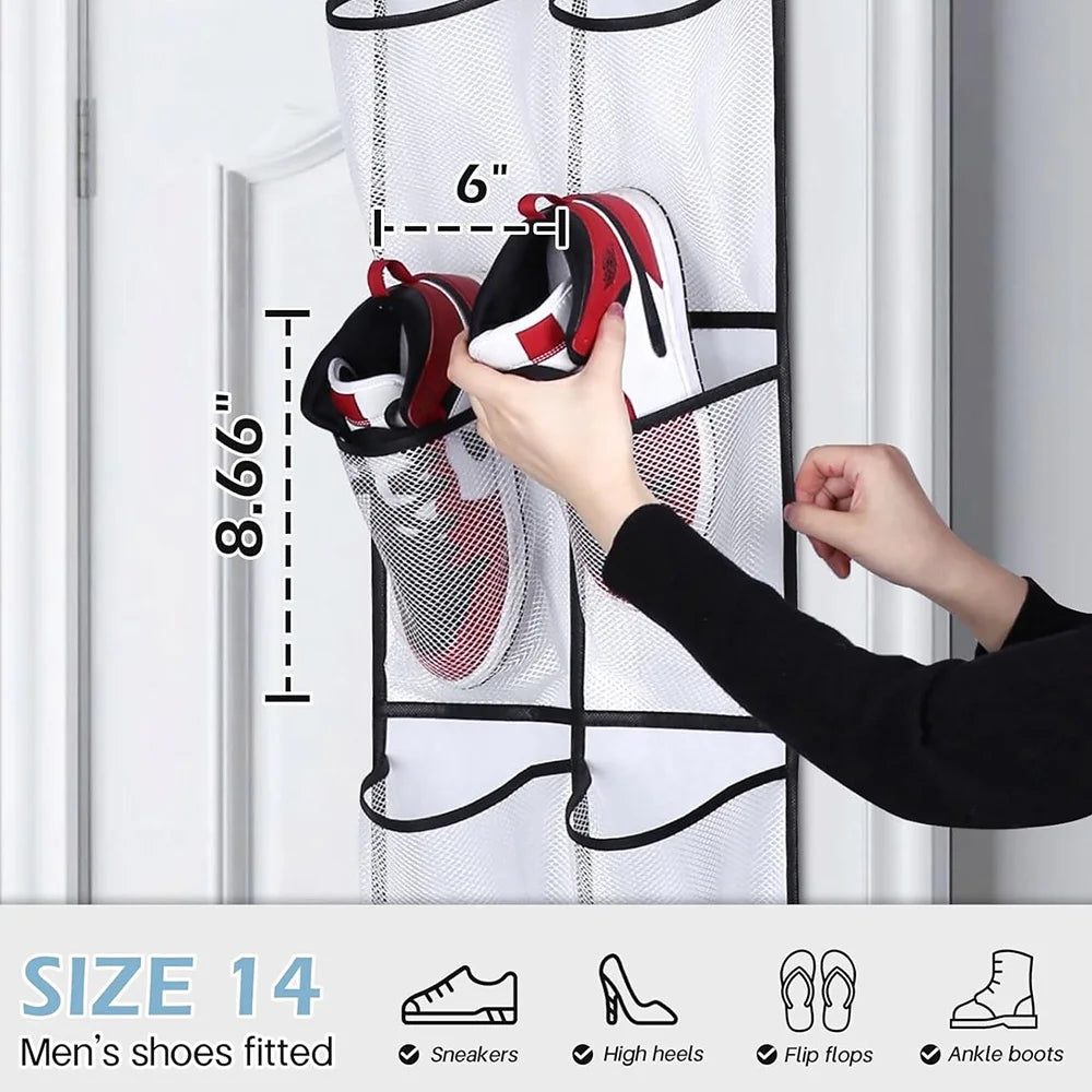 Hand placing red and white sneakers into mesh pocket of over-the-door organizer with pocket size dimensions shown