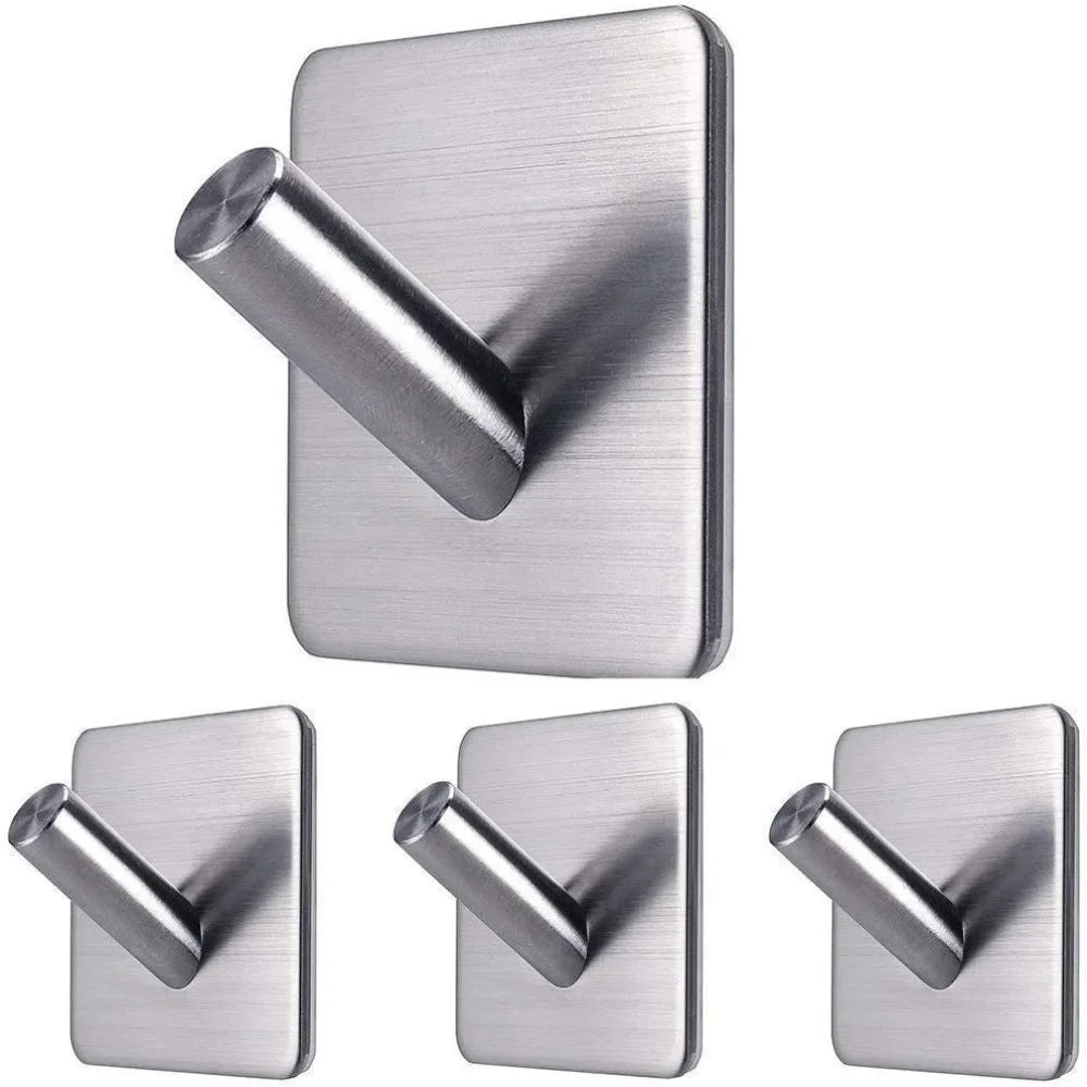 Adhesive Stainless Steel Wall Hooks, 4-Pack for Bathroom & Kitchen