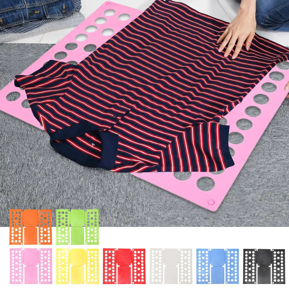 Pink plastic folding board with striped shirt, shown next to multi-color board options