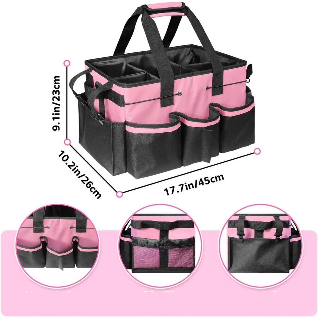 Diagram showing dimensions of pink and black cleaning caddy bag with close-ups of handle, mesh pocket, and back details