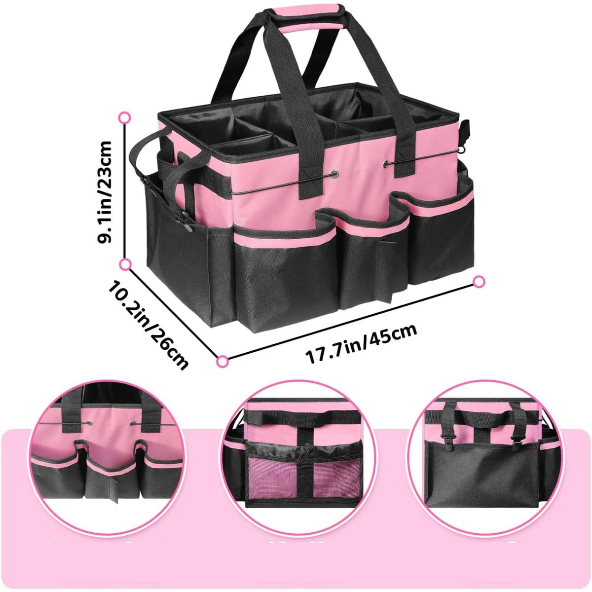 Diagram showing dimensions of pink and black cleaning caddy bag with close-ups of handle, mesh pocket, and back details