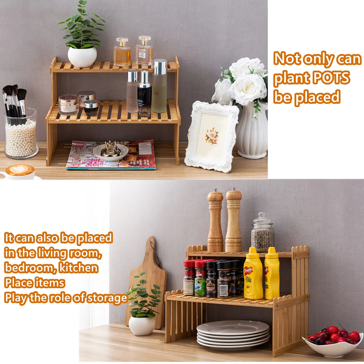Bamboo shelf used in kitchen and living room settings for spices and decor items