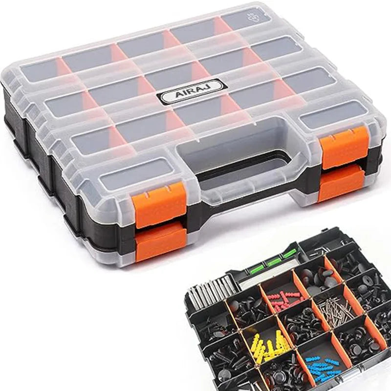 Double-sided small parts organizer with clear lid and orange latches, shown with hardware inside