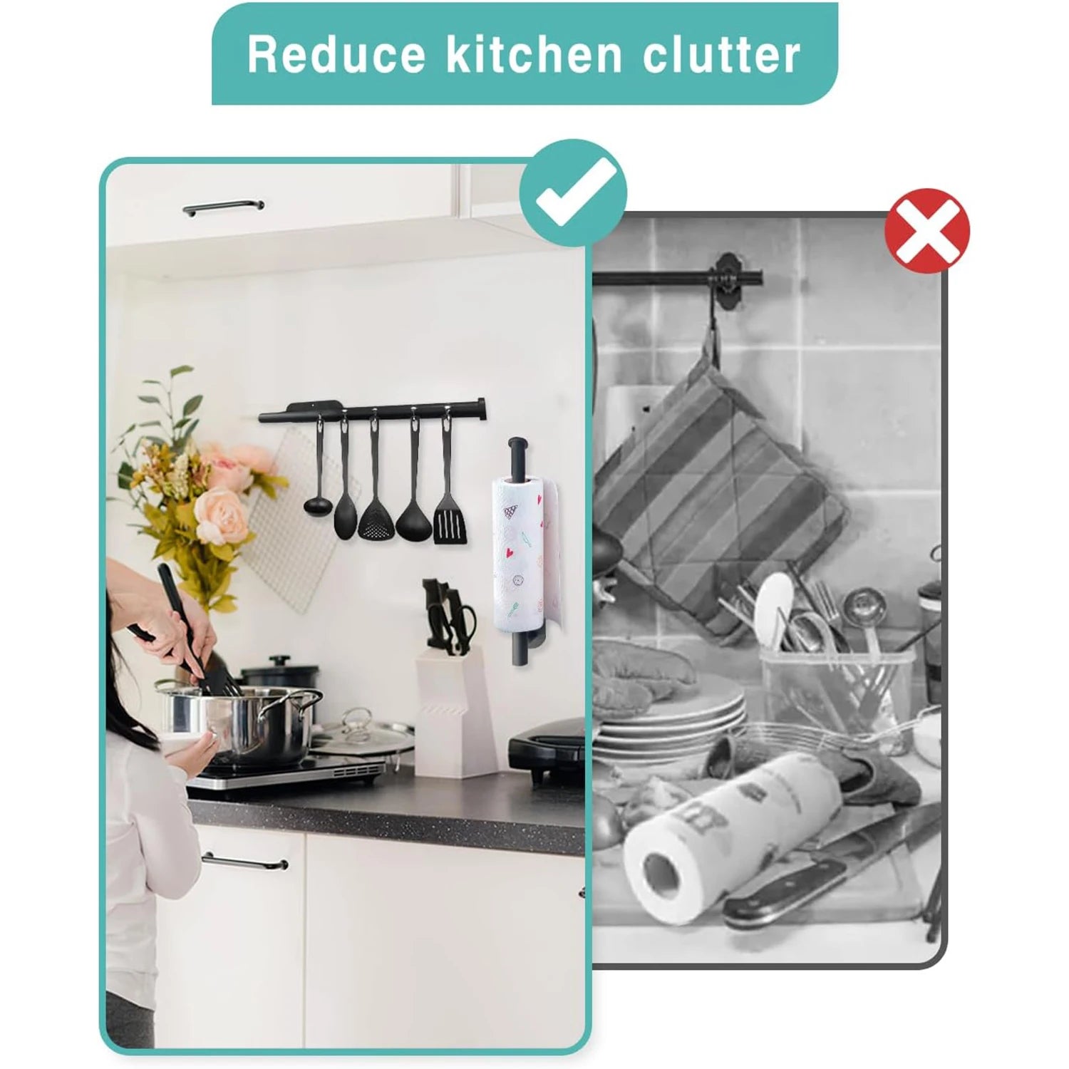Comparison of kitchen with paper towel holder mounted and cluttered counter with loose paper roll