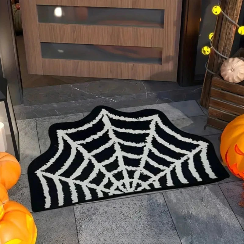 Bat & Spider Web Shaped Suede Bath Mat – Black Halloween Non-Slip Rug for Bathroom or Entryway