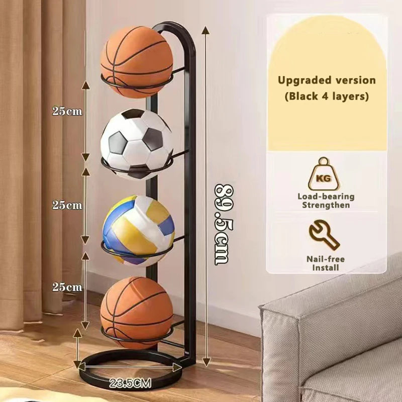 Freestanding Multi-Layer Ball Storage Rack for Basketball, Soccer & Volleyball – Black or White Carbon Steel Organizer for Bedroom
