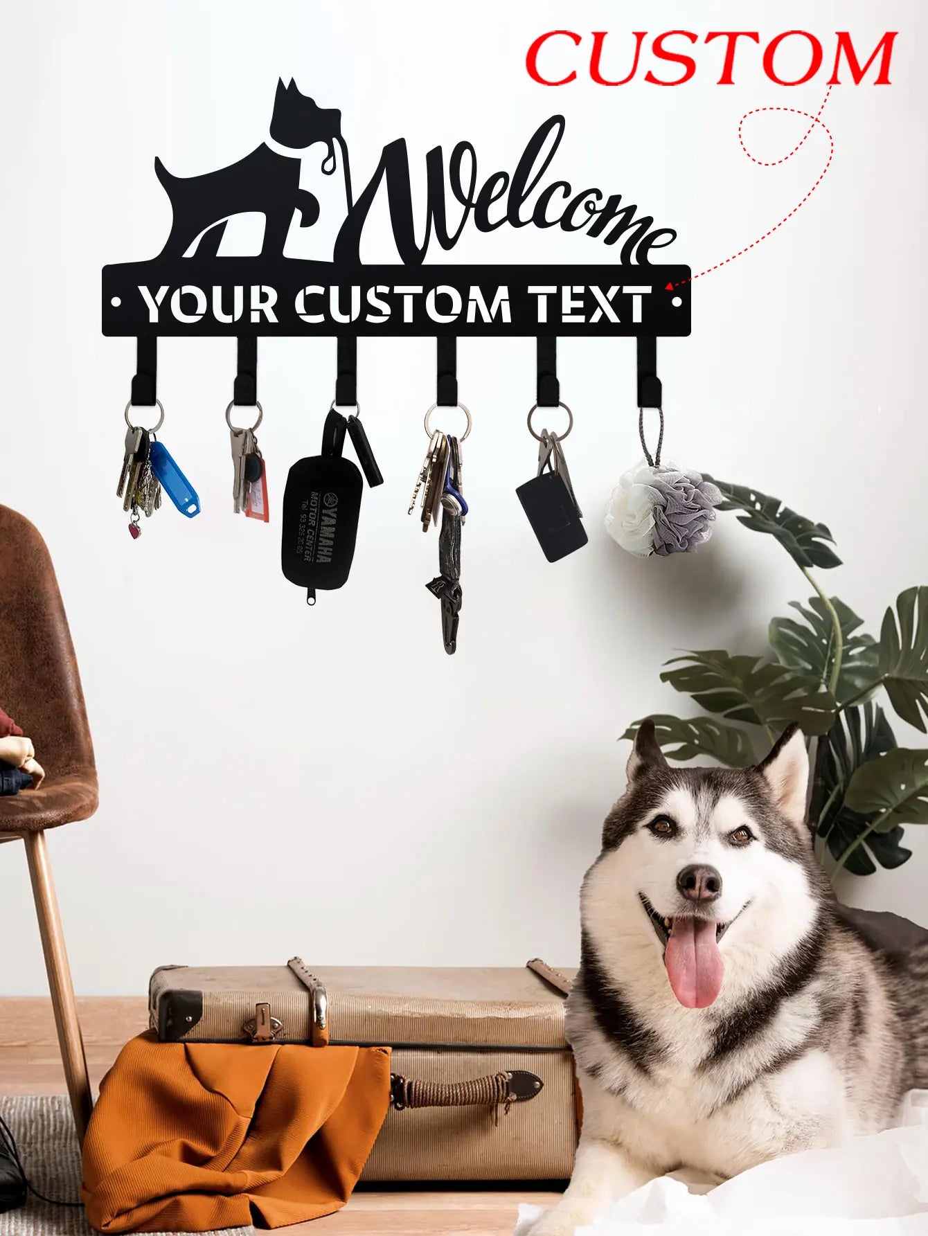 Personalized dog leash and key rack with a dog silhouette, custom text, and multiple keys hanging, staged in an entryway scene