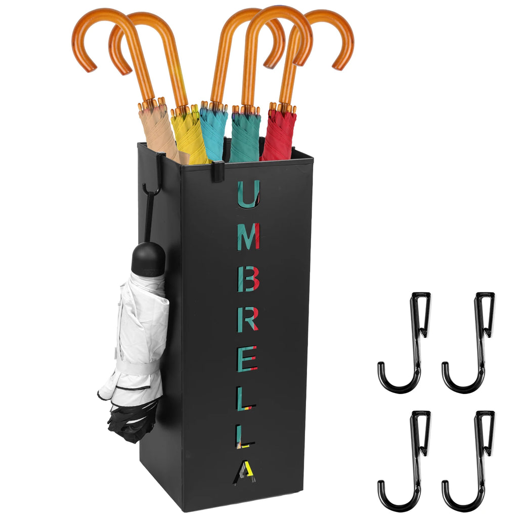Black metal umbrella stand with lettered cutouts, filled with umbrellas, and four detachable hooks shown