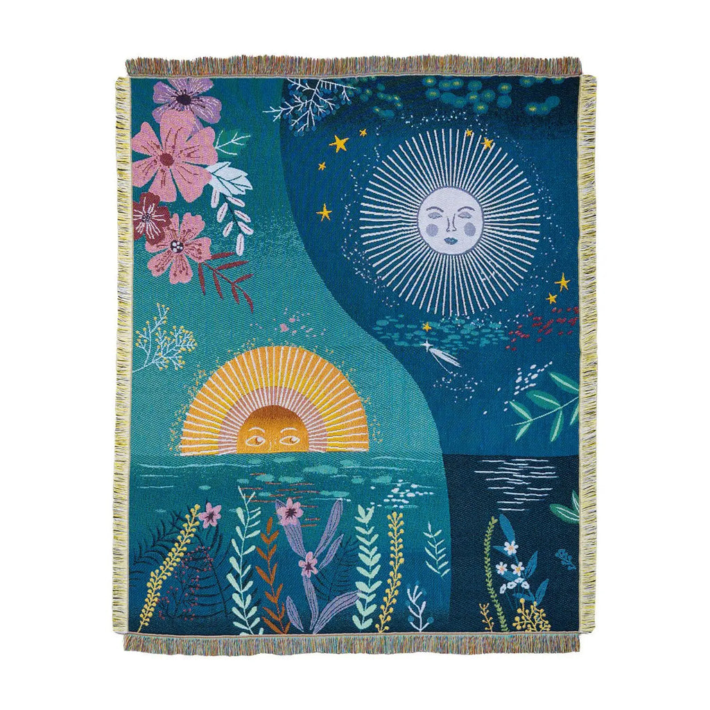 Celestial sun and moon woven tapestry blanket with fringed edges