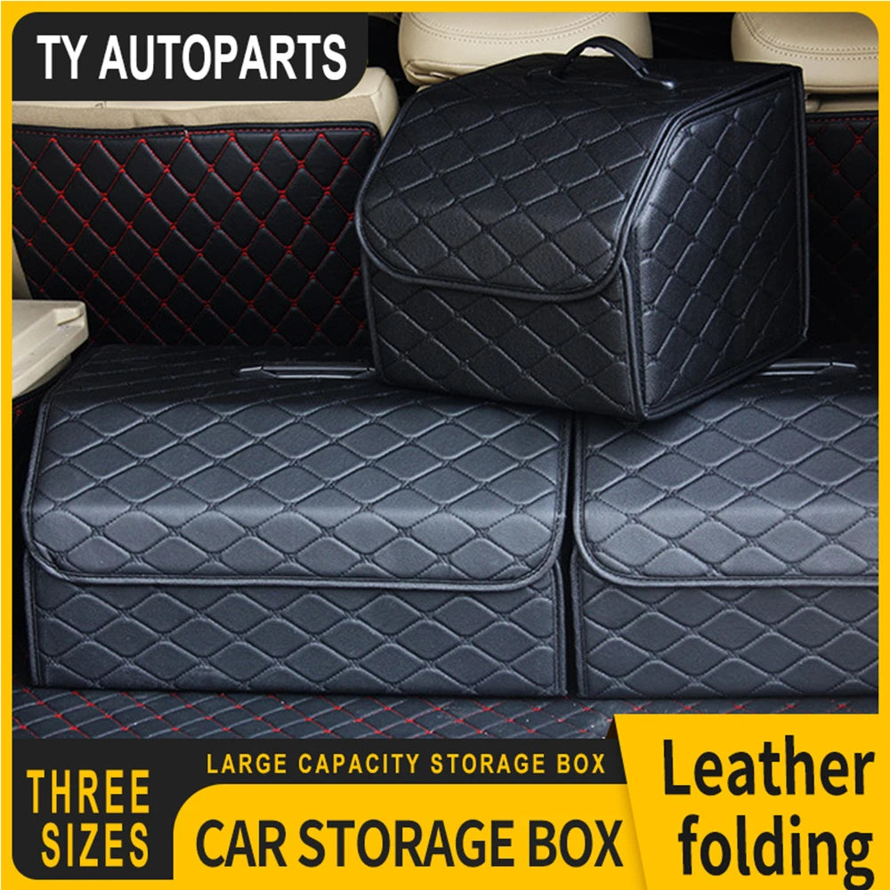 three quilted black PU leather trunk organizer boxes in car cargo area