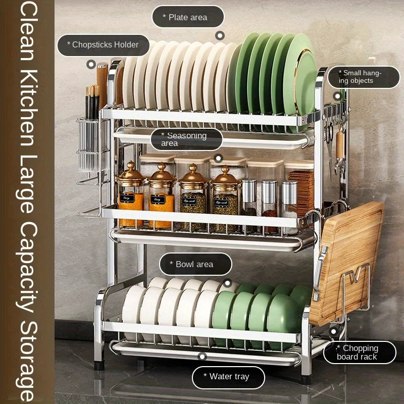 Kitchen dish drying rack showing labeled plate, bowl, utensil holder, chopping board rack, and tray areas for organized storage