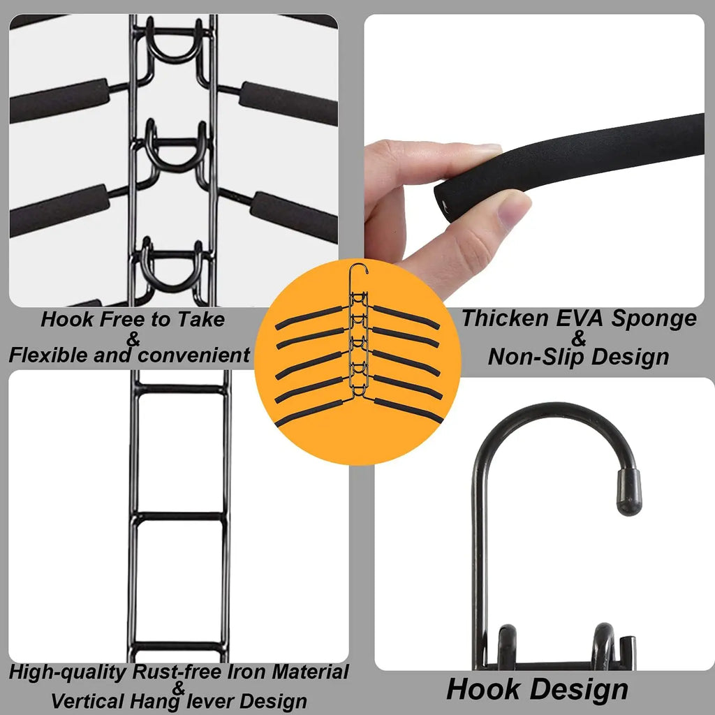 Close-up collage of non-slip foam bars and hook design on multi-tier black closet hanger