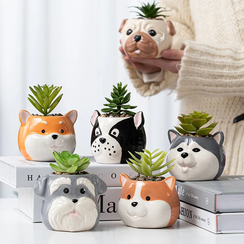 Person holding a dog face porcelain mini planter, surrounded by five styles