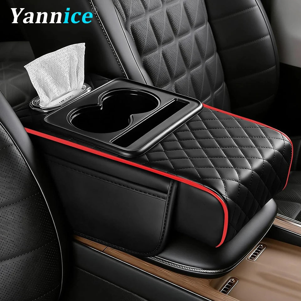 Car armrest organizer with quilted black surface, red trim, cup holder and tissue slot installed on a center console