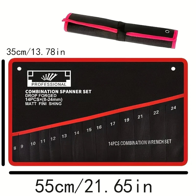 black canvas tool roll with 14 empty pockets, showing size dimensions in centimeters and inches when unrolled