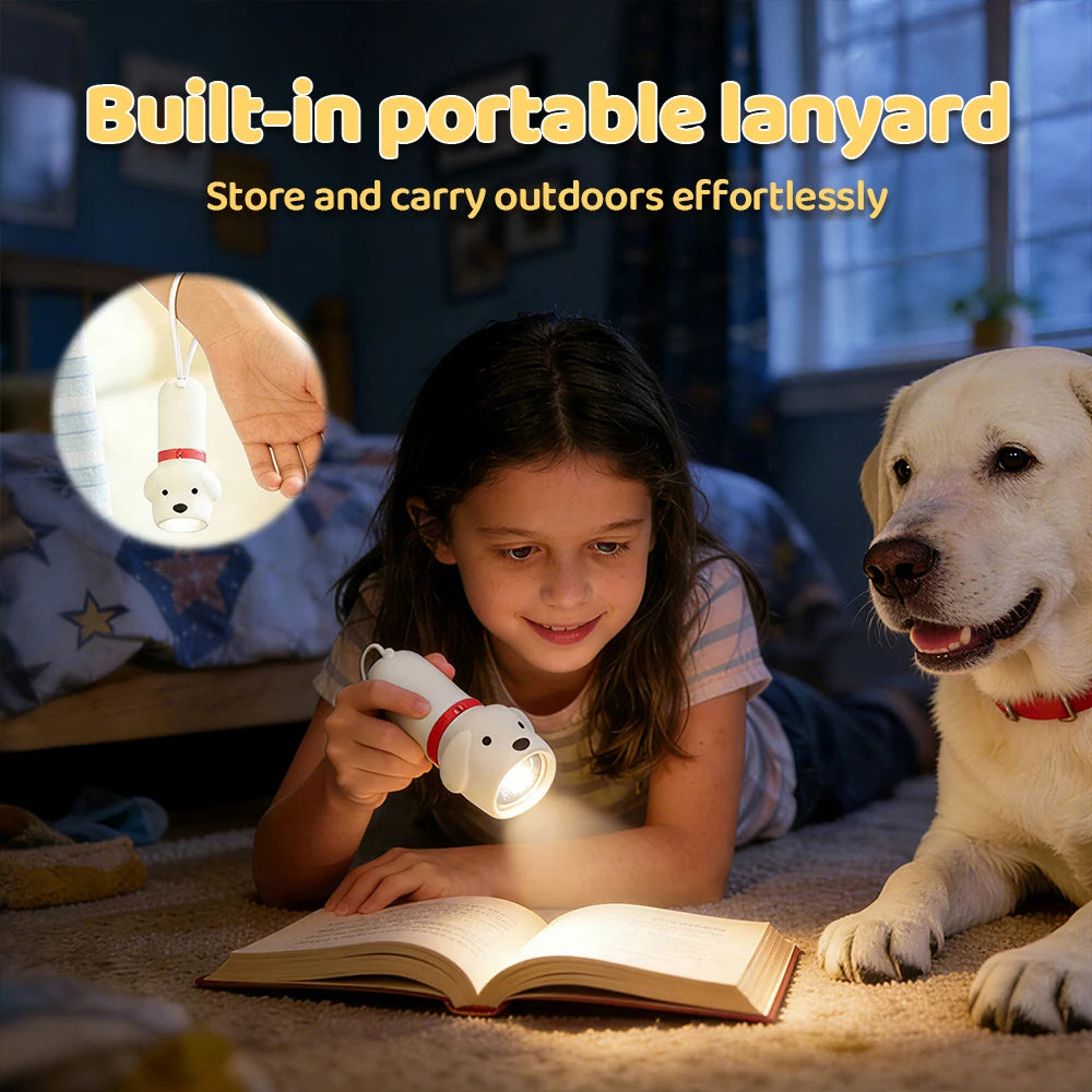 Girl using dog-shaped night light flashlight with lanyard, reading in bedroom
