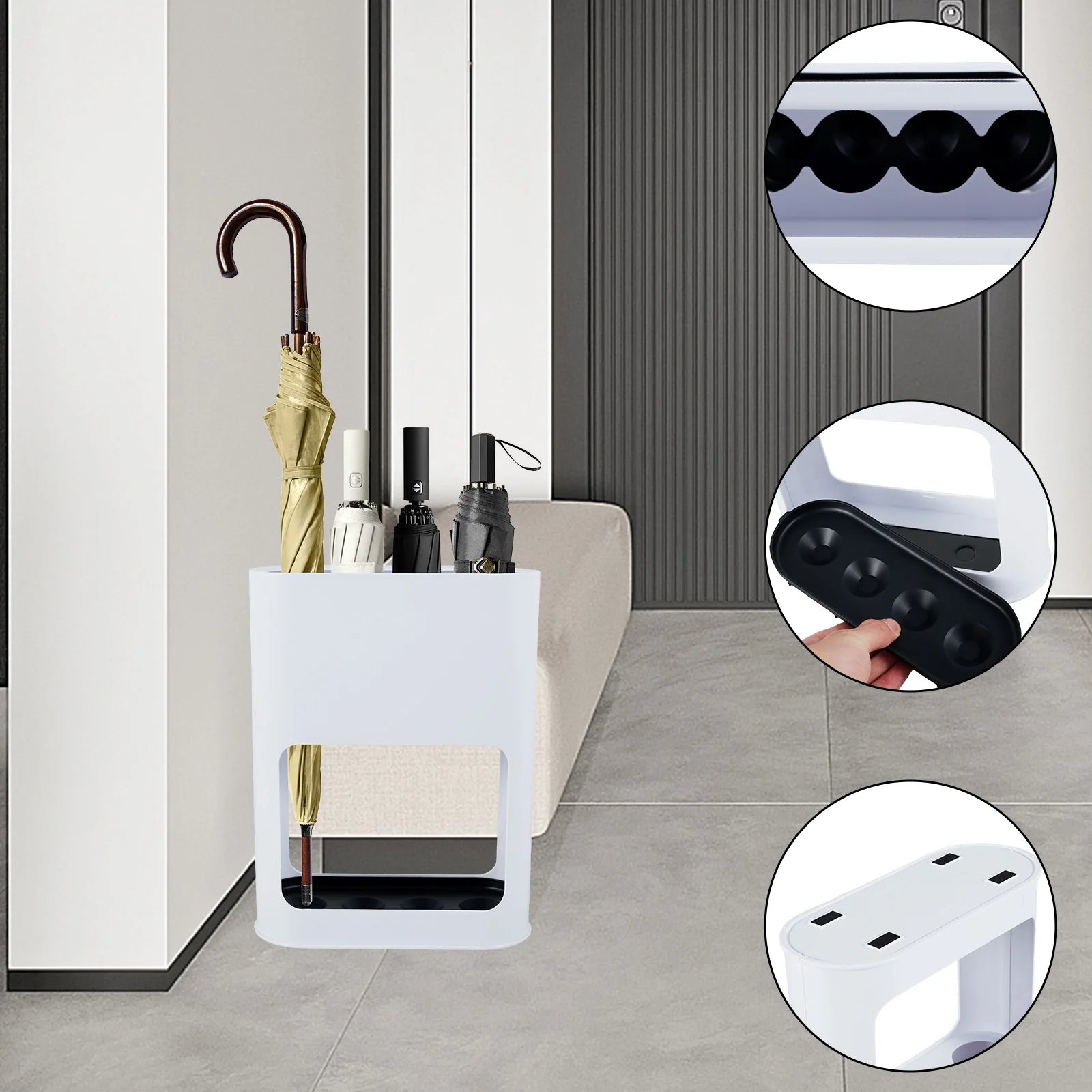 Modern Freestanding Umbrella Stand with Removable Drip Tray for Entryway & Office, Holds 4 Umbrellas — Black, White, or Beige