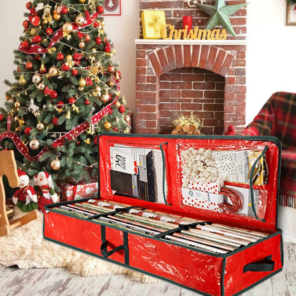 Extra-Large Red Wrapping Paper Storage Organizer Bag with Handles & Pockets for Under-Bed Holiday Gift Wrap and Ribbons, 40.5-Inch