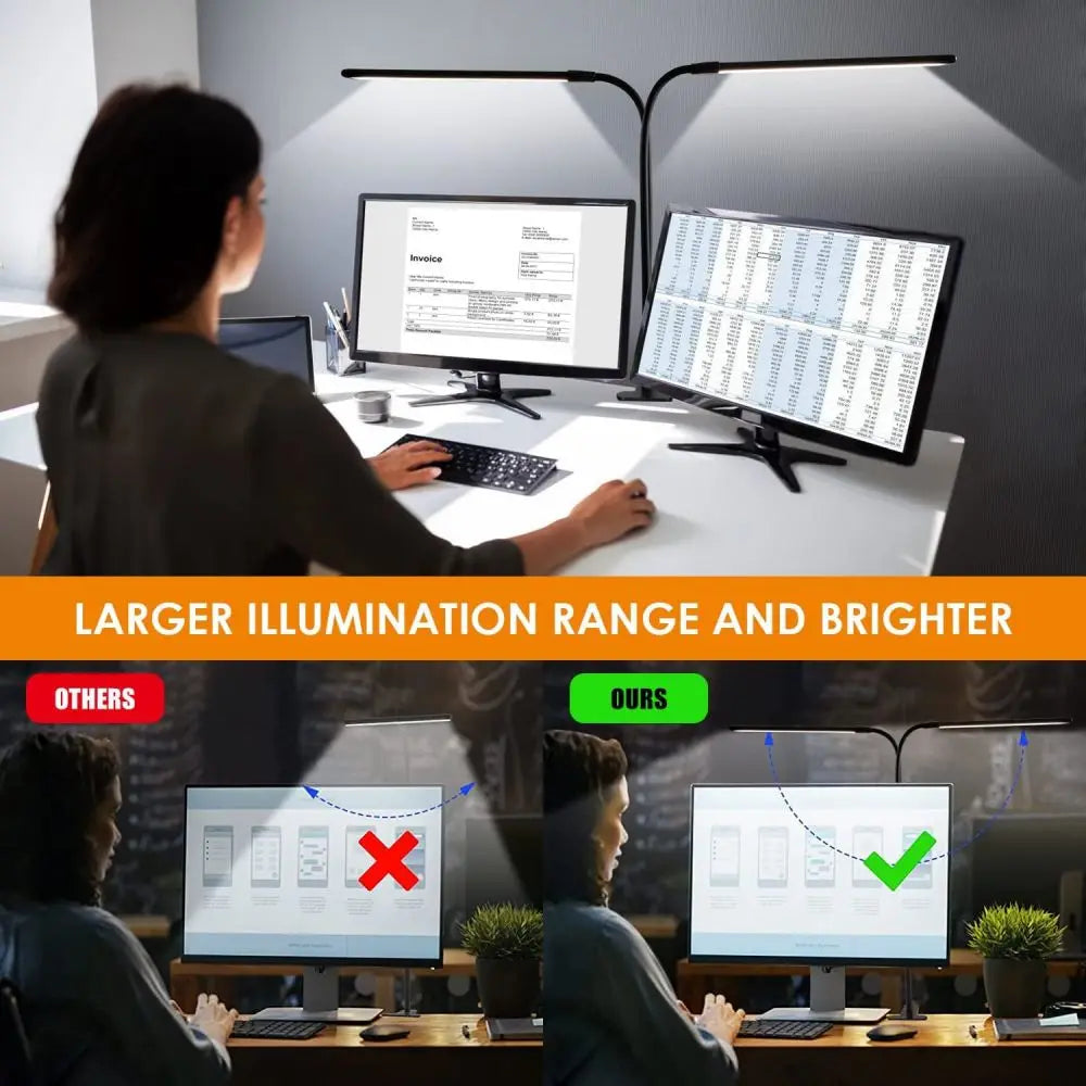 Comparison graphic of larger adjustable LED clamp lamp illuminating a dual monitor office setup