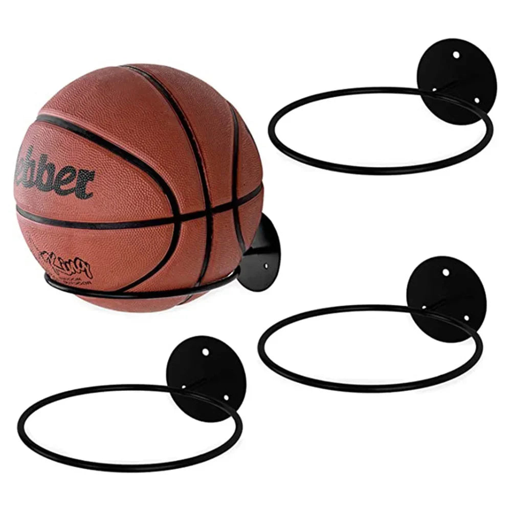 Wall-mounted steel ball rack with basketball displayed and two empty racks against white background