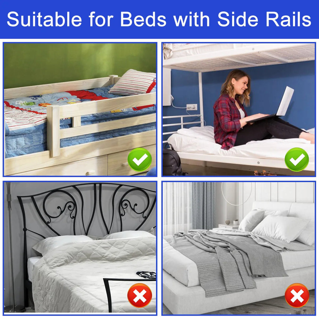 Photo showing which bed types with side rails are compatible for this bedside storage tray