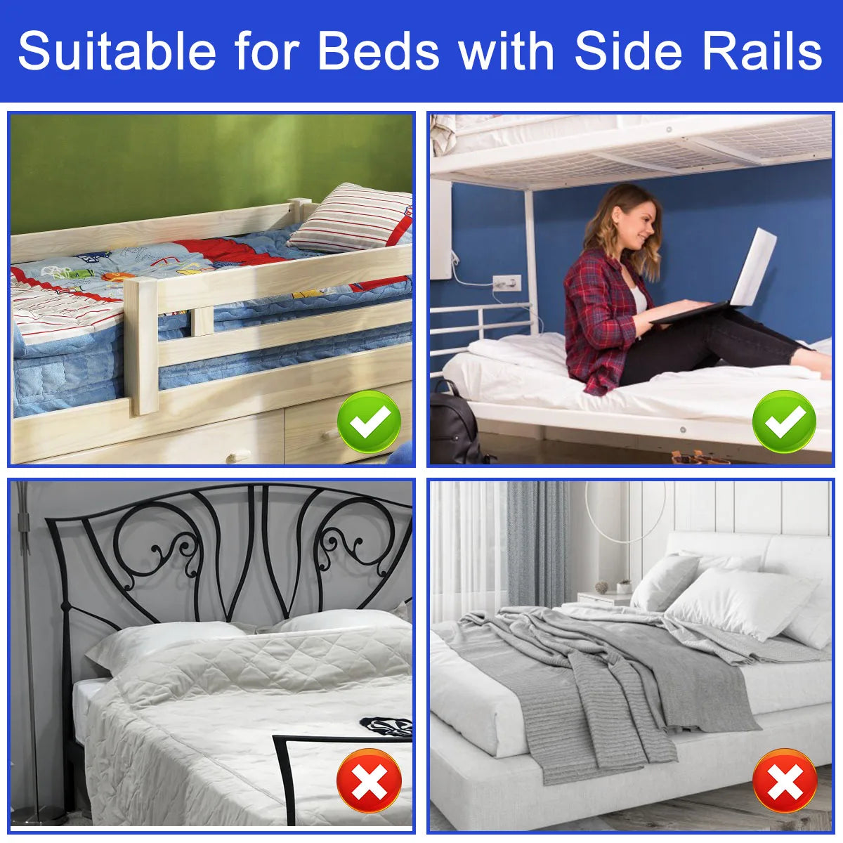 Photo showing which bed types with side rails are compatible for this bedside storage tray