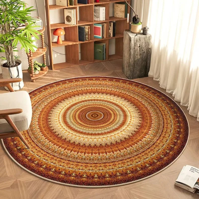 Colorful bohemian mandala round rug styled in a cozy living room with bookshelf and natural light