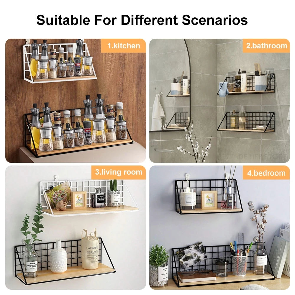 Wall-Mounted Metal and Wood Shelf for Kitchen, Bathroom, or Entryway Organization