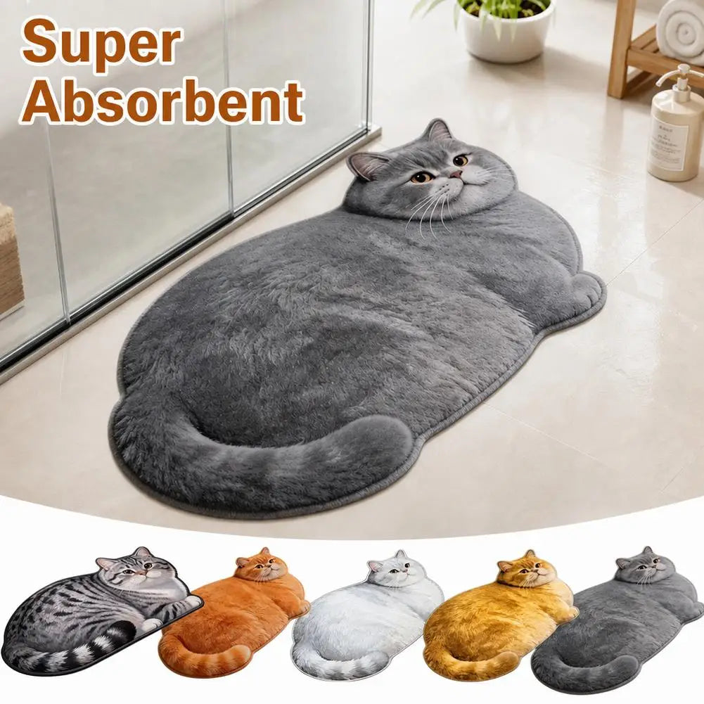 gray cat-shaped bathroom rug by a glass shower door, with cat color options displayed