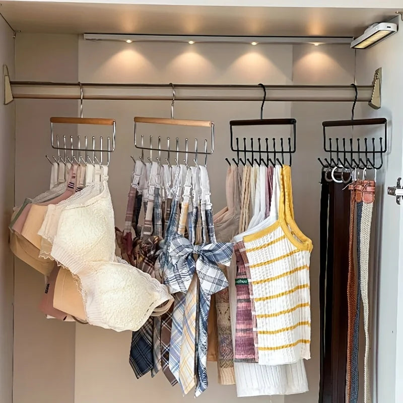 multiple hanging accessory organizer racks holding bras, ties, small tops, and belts in closet