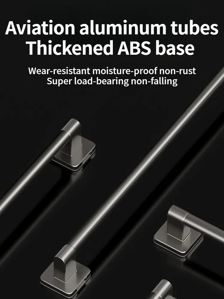 Aluminum towel bars with ABS plastic bases shown against a black background