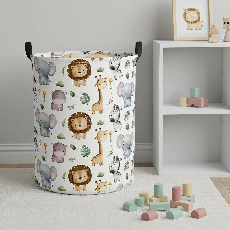 Animal print storage hamper in a modern kids playroom with blocks and shelving