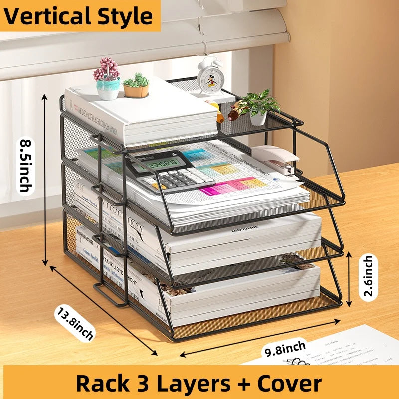 Mesh Metal Desk Organizer with Multi-Tier Paper Trays and Pen Holder