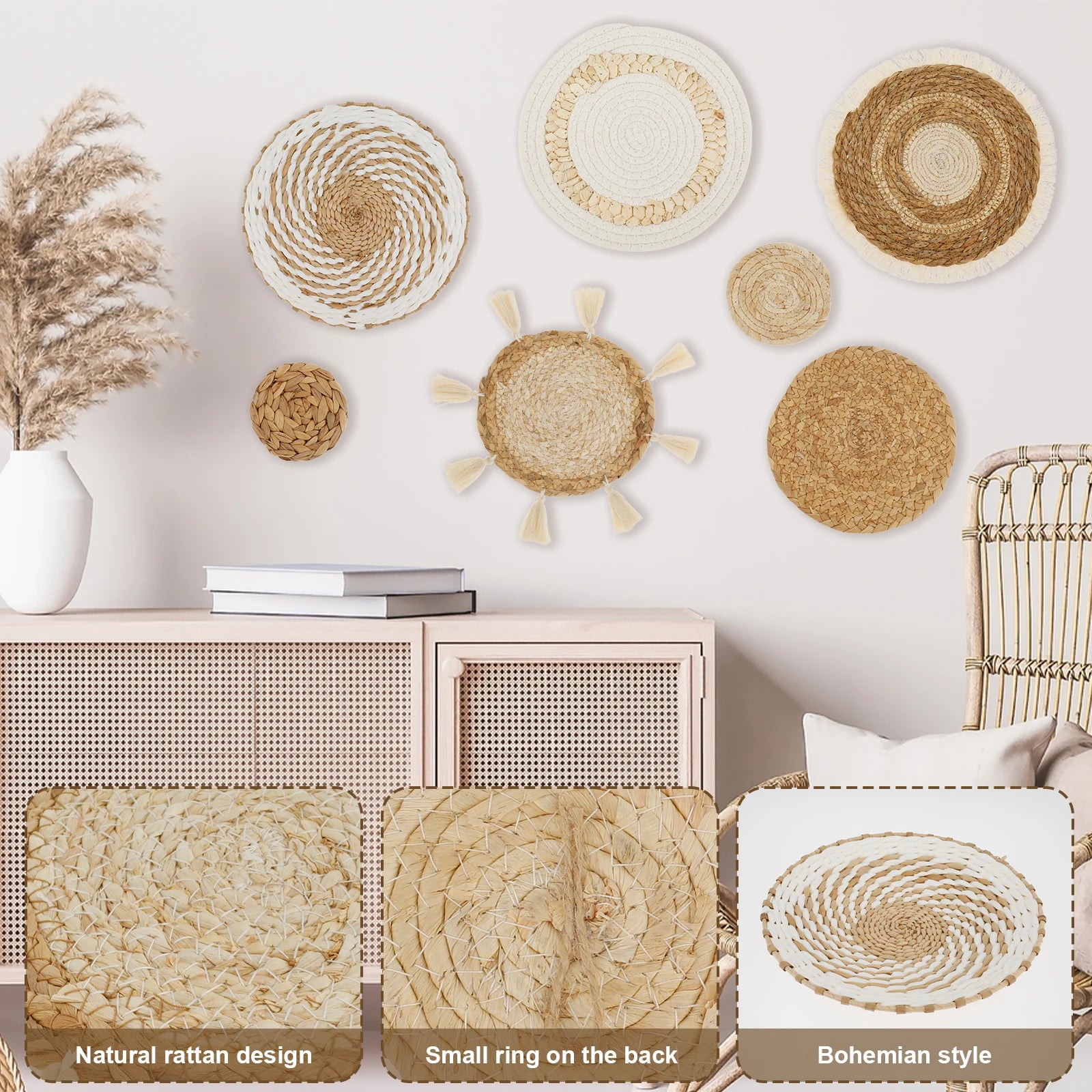 Rattan wall basket set displayed above a light cabinet, with close-up details showing weaving and rear hanging loop