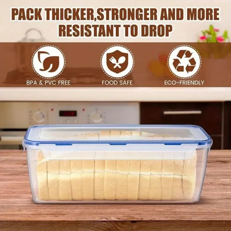 airtight bread container with sliced bread on counter, BPA-free food safe symbols visible